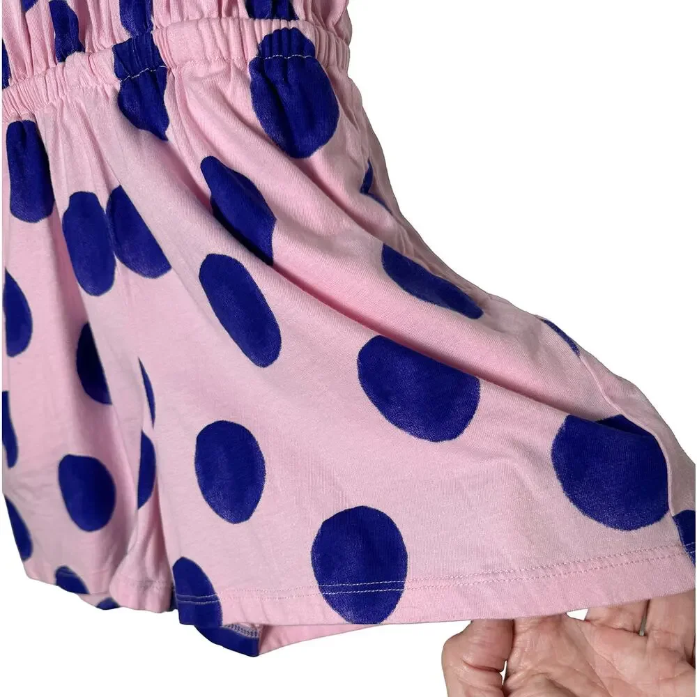 Tea Collection Girls Tie Shoulder Smocked Romper Pink Purple Cotton Polka Dot 12
